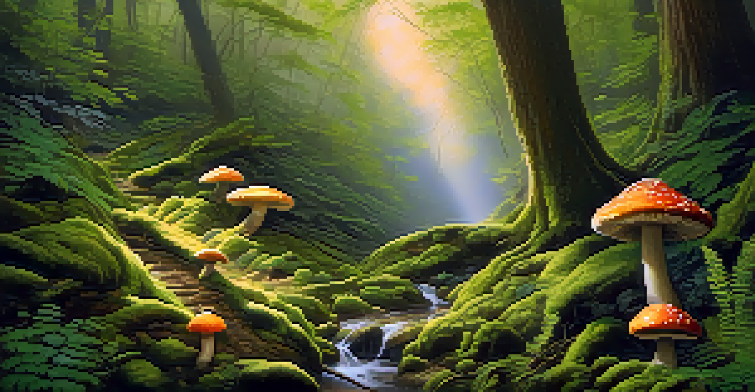 A magical forest with tall trees, golden light, a winding trail, and colorful mushrooms.