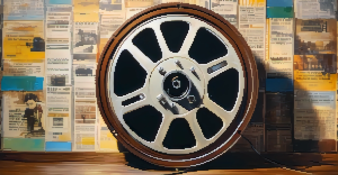 A vintage film reel and film strips on a wooden table, softly illuminated by warm light.