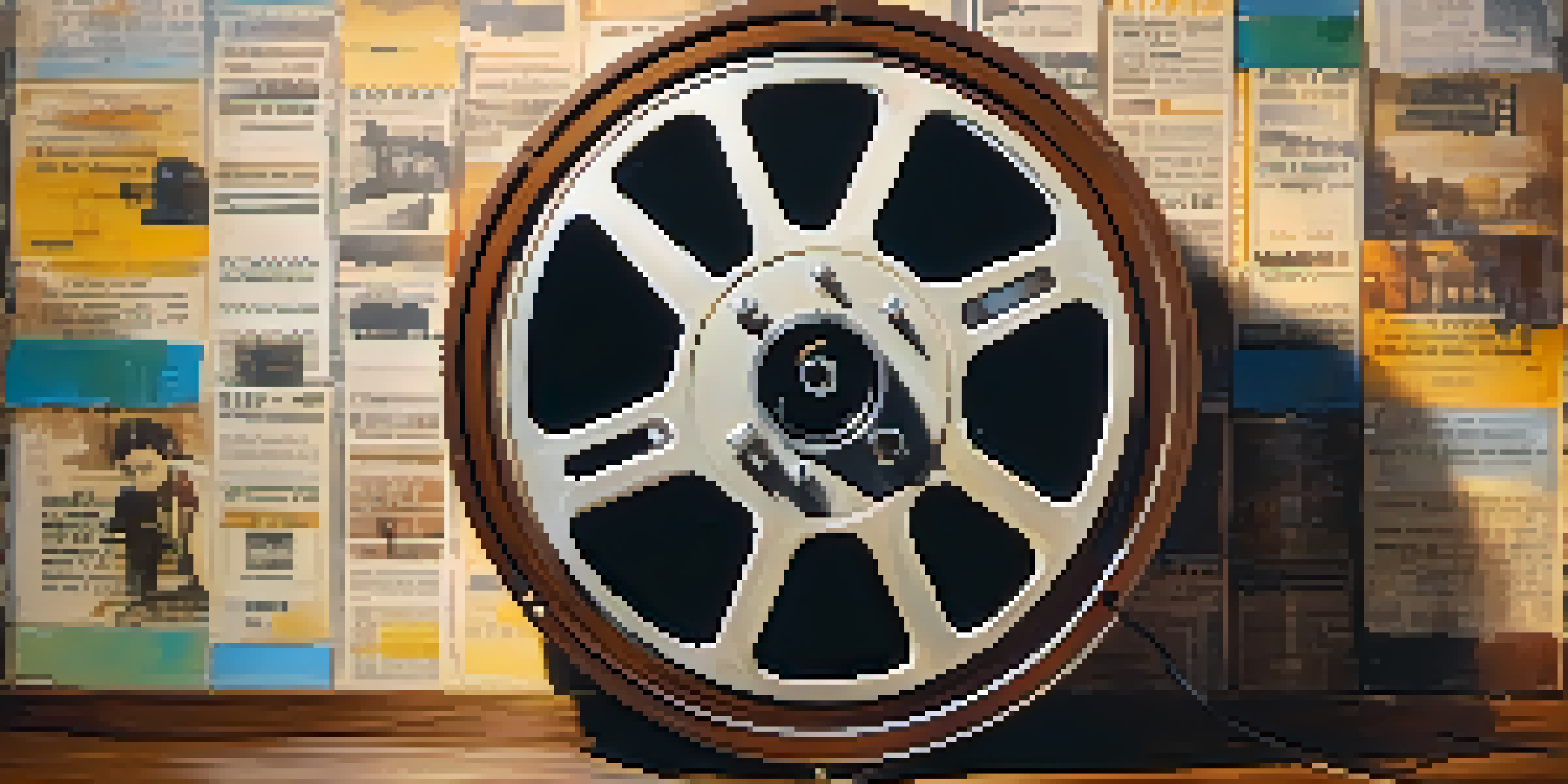 A vintage film reel and film strips on a wooden table, softly illuminated by warm light.
