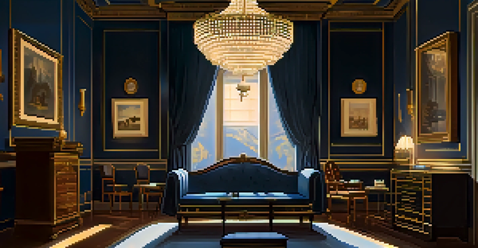 A dimly lit room with vintage furniture, symmetrical framing, and a starry night visible through a large window, inspired by Stanley Kubrick's cinematic style.