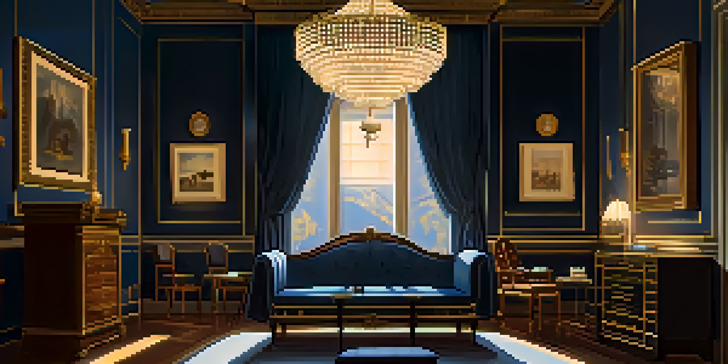 A dimly lit room with vintage furniture, symmetrical framing, and a starry night visible through a large window, inspired by Stanley Kubrick's cinematic style.