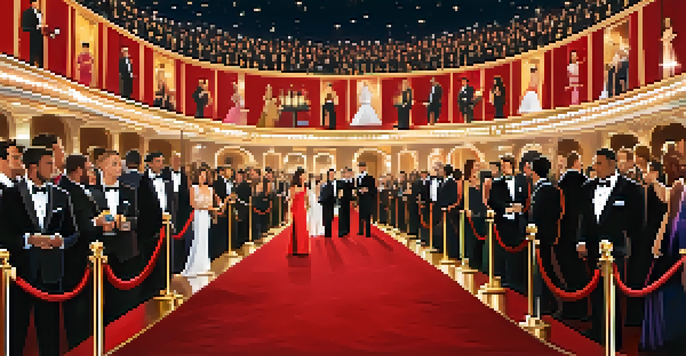 Celebrities arriving at the red carpet of the Oscars, surrounded by fans and a beautifully lit venue.