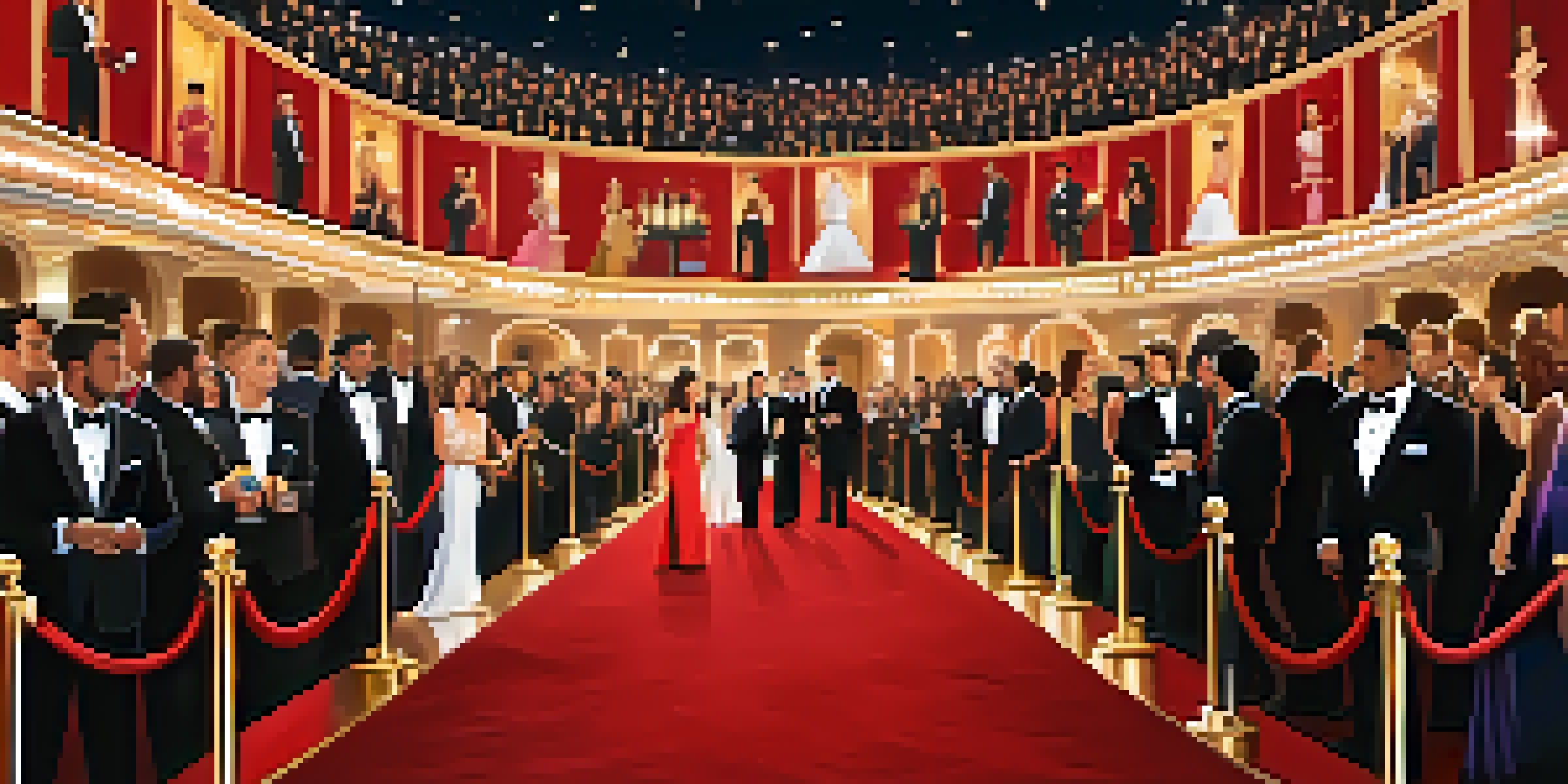 Celebrities arriving at the red carpet of the Oscars, surrounded by fans and a beautifully lit venue.