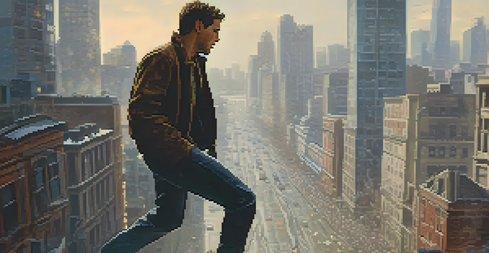 A distressed character in a chaotic cityscape, showcasing emotional turmoil with dramatic lighting.