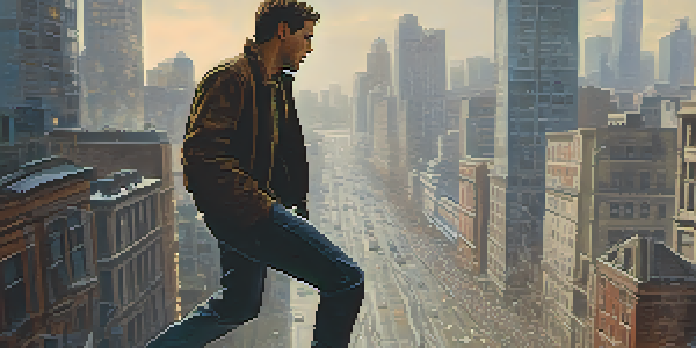 A distressed character in a chaotic cityscape, showcasing emotional turmoil with dramatic lighting.