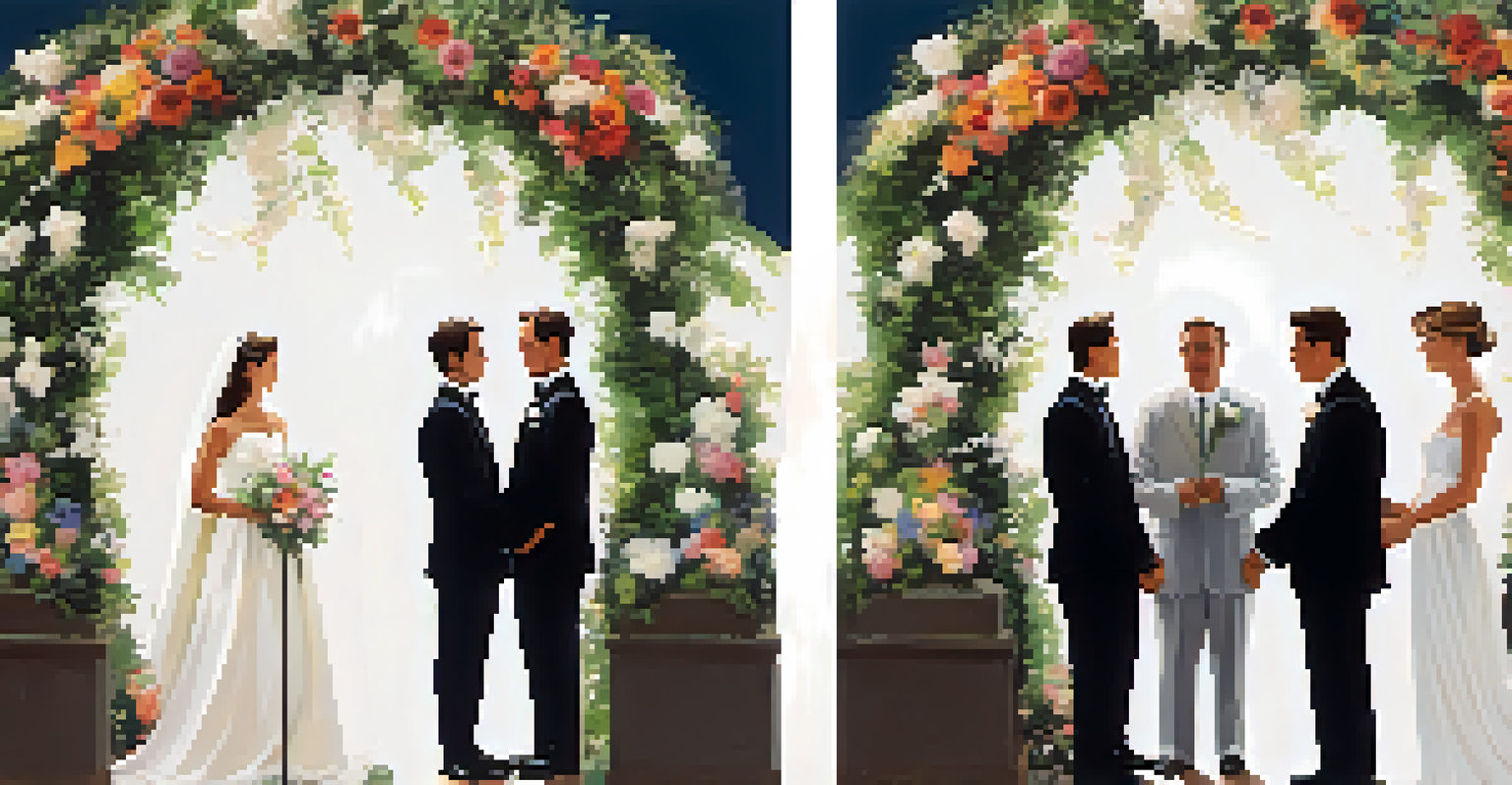 A split image contrasting a joyful wedding scene with a somber funeral, showcasing emotional depth through vibrant and muted color schemes.