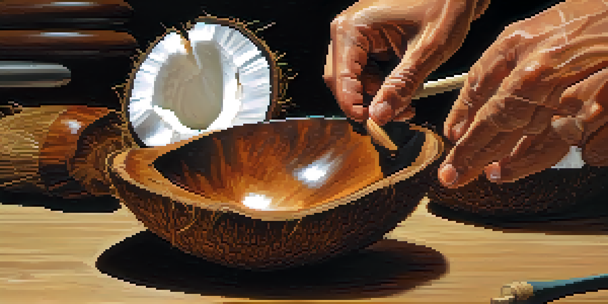 Close-up of an artist's hands using a coconut shell to replicate the sound of horse hooves.