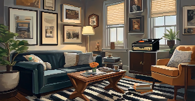 A vintage living room with a record player, family photographs, and a cozy sofa, illuminated by warm lighting.