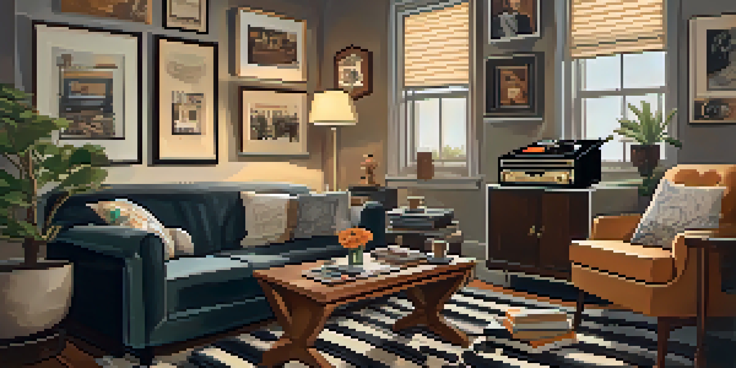 A vintage living room with a record player, family photographs, and a cozy sofa, illuminated by warm lighting.