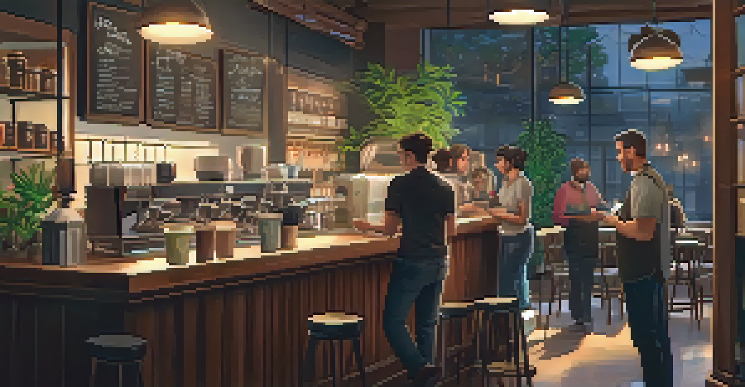 The interior of a cozy coffee shop with warm lighting, wooden furniture, and a barista preparing coffee, capturing a lively atmosphere.
