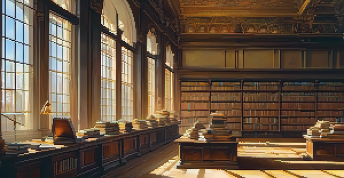 A library with sunlight filtering through windows, illuminating a character reading at a desk surrounded by books.