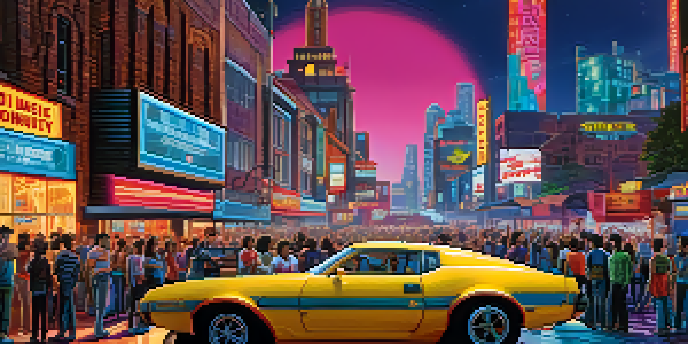 A colorful movie poster on a brick wall with fans taking photos and discussing the film in front of it.