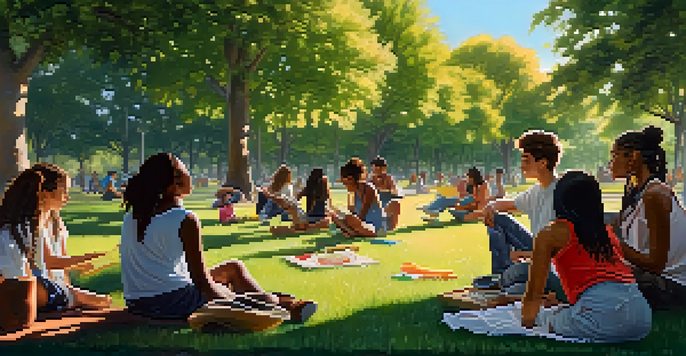 A diverse group of young people in a park engaged in activities like painting and playing music, with sunlight filtering through the trees.