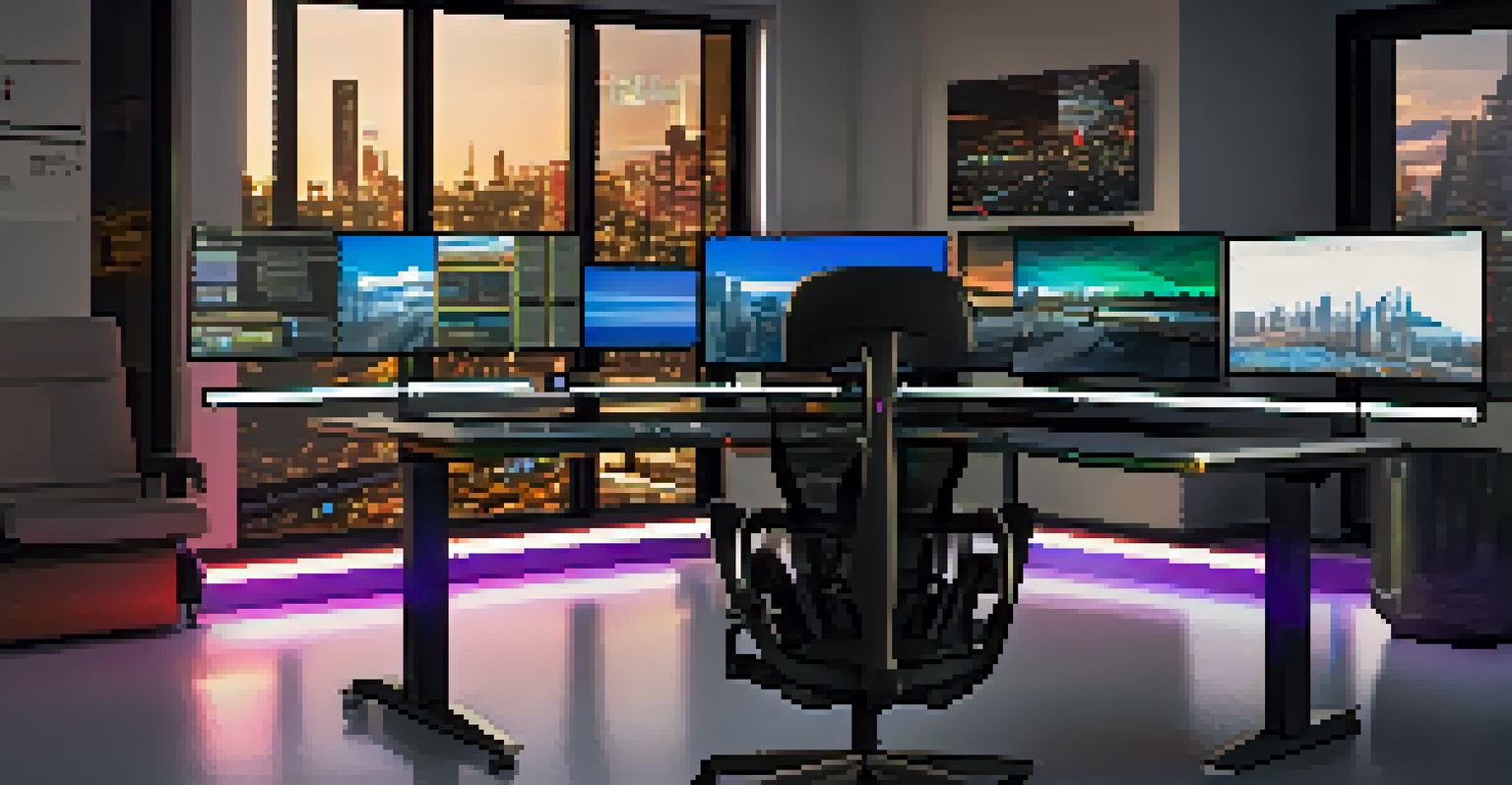 A modern film editing suite with multiple screens and a cityscape view outside, illuminated by bright lights.