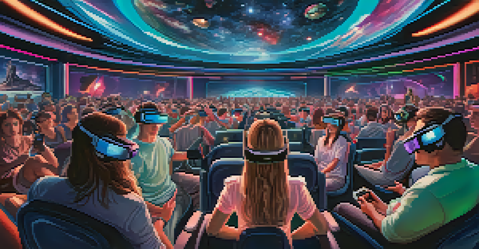 A futuristic cinema with audience members wearing VR headsets, surrounded by immersive 3D visuals and colorful lights.