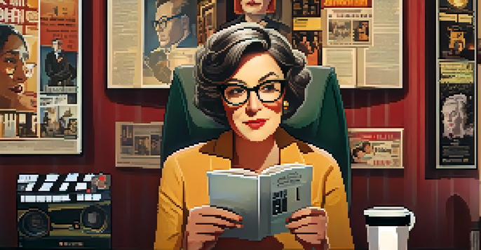 A film critic in a cozy theater, taking notes while watching a film, surrounded by vintage movie posters.