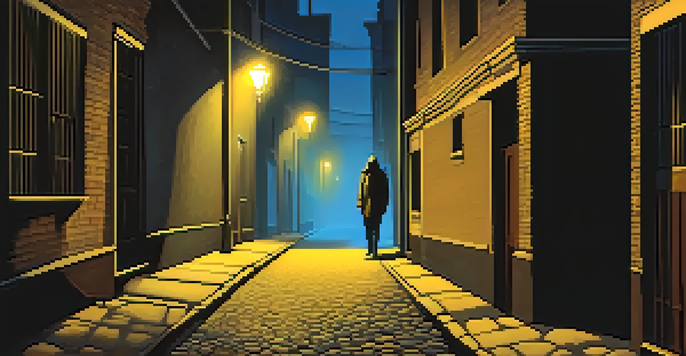 A dark alleyway at night with a shadowy figure and mist, illuminated by streetlights.
