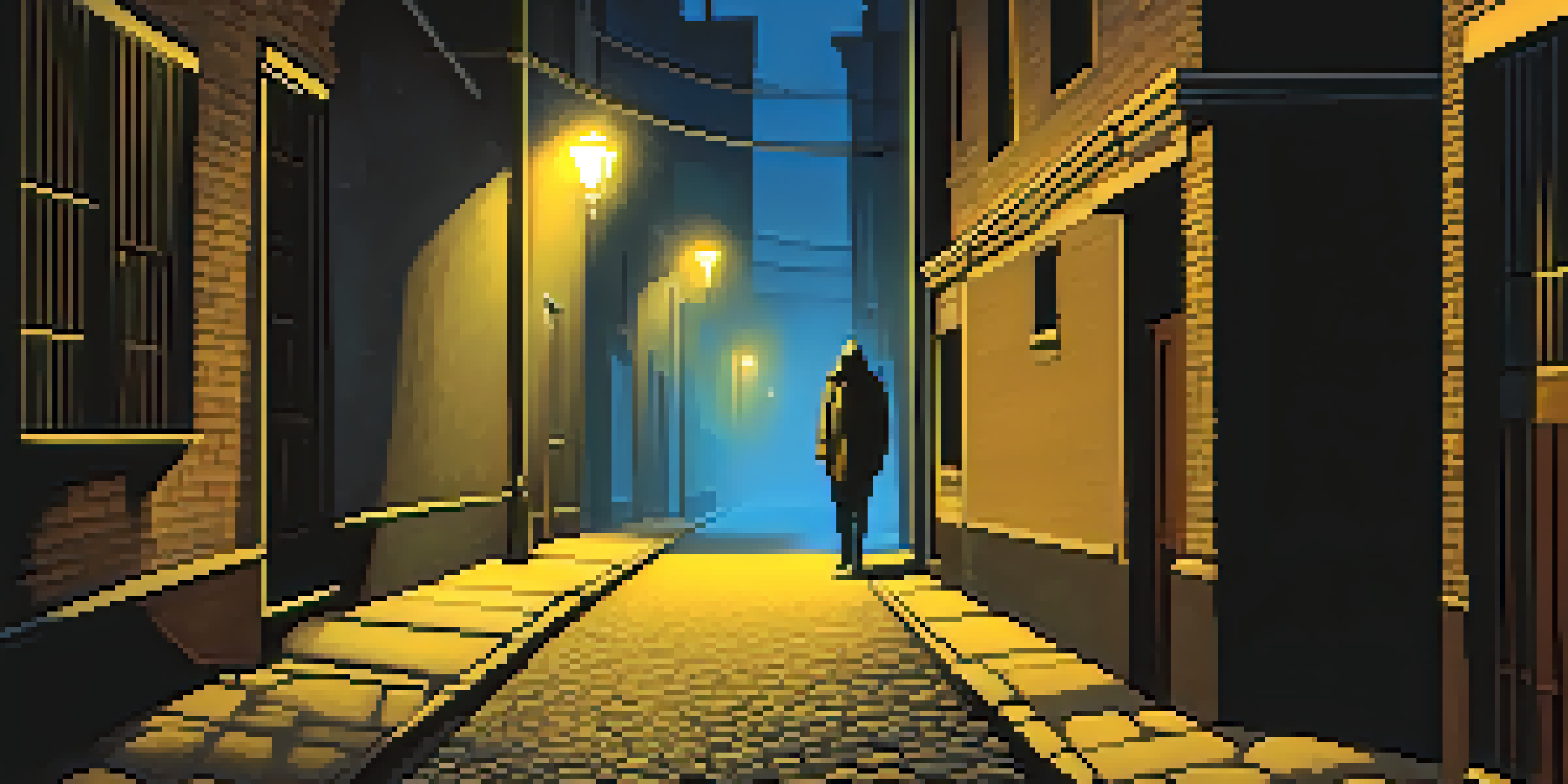 A dark alleyway at night with a shadowy figure and mist, illuminated by streetlights.