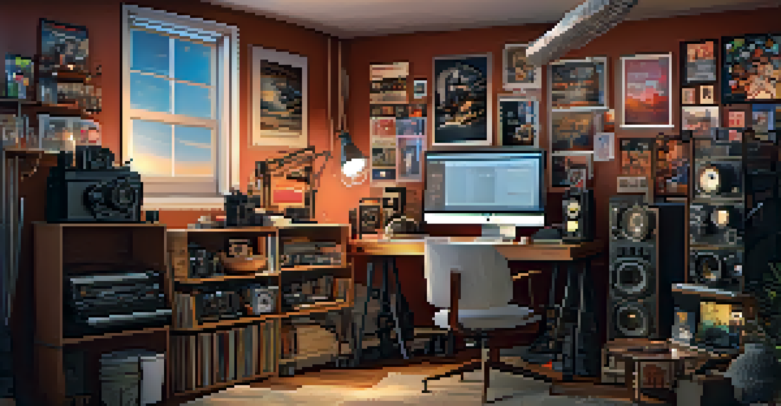 A cozy filmmaker's workspace with various tools and eclectic artwork, illuminated by warm lighting.