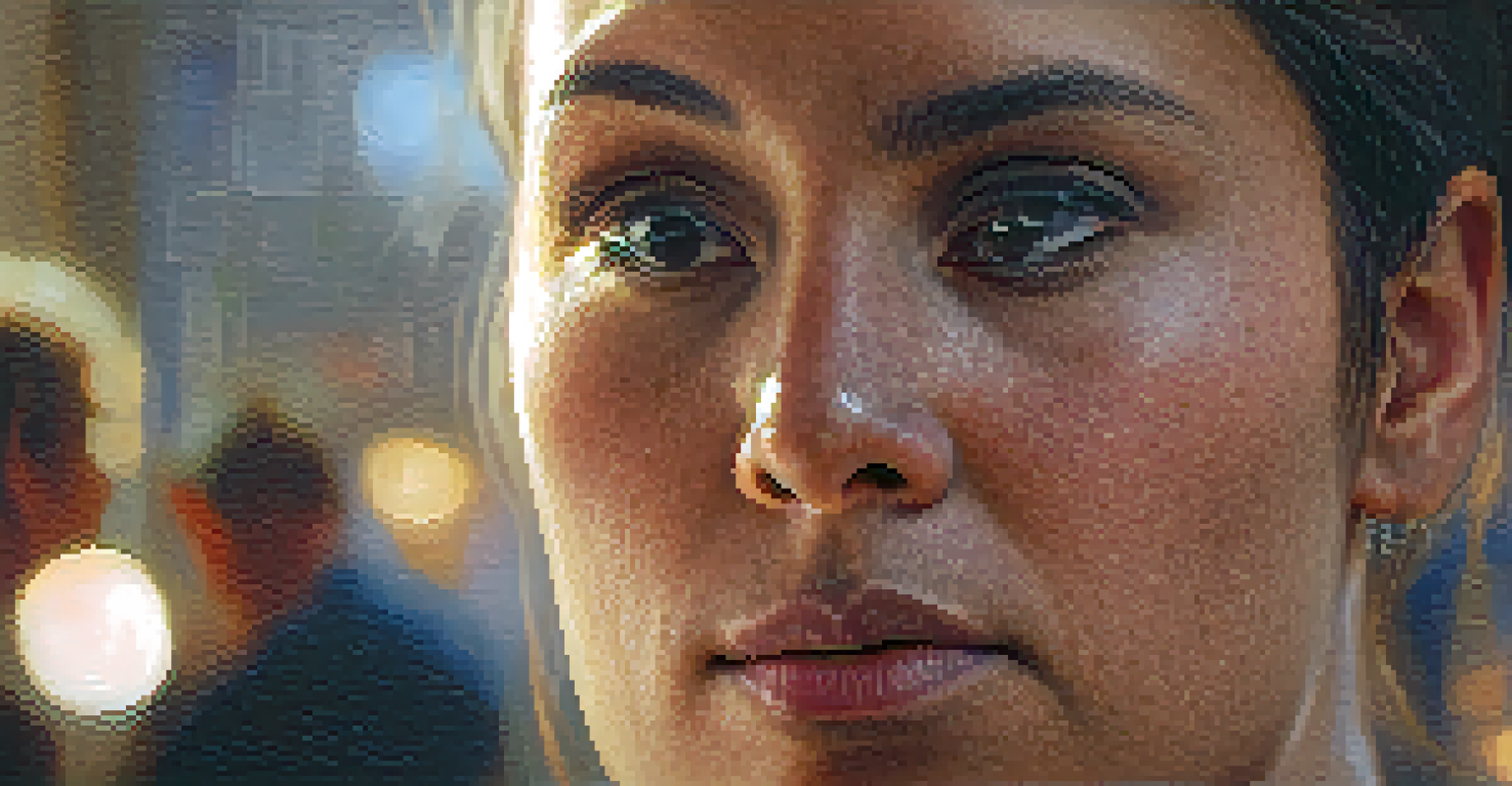 A close-up of a person sharing their health journey in a documentary, with a blurred audience and a warm spotlight on them.