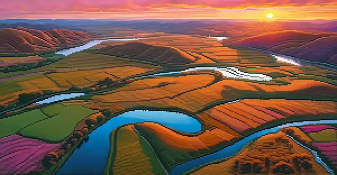 An aerial view of rolling hills and a winding river during sunset, with a drone in the foreground.