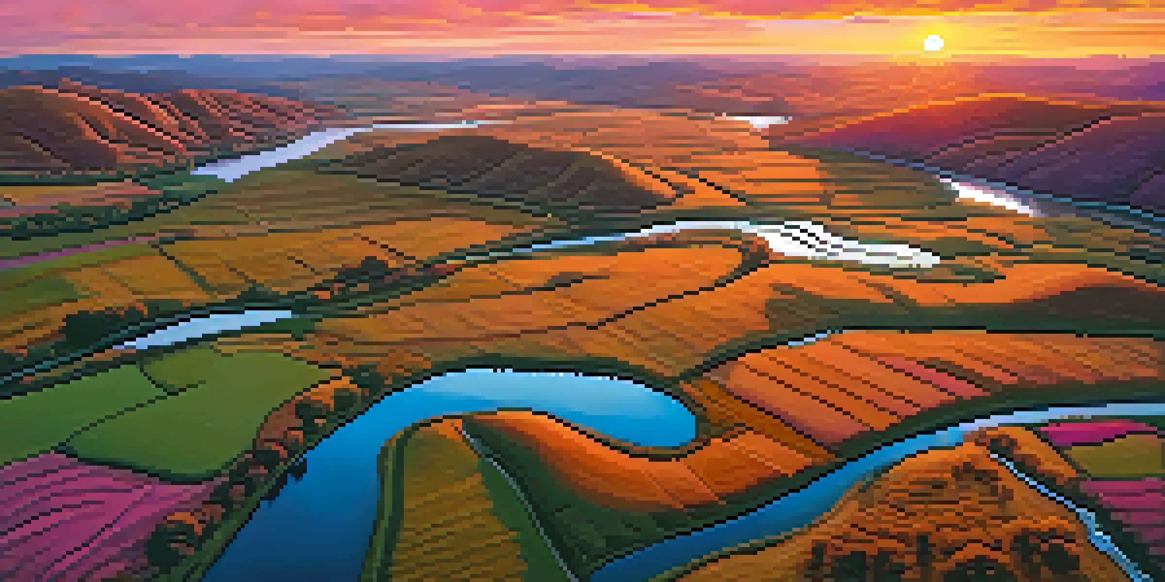 An aerial view of rolling hills and a winding river during sunset, with a drone in the foreground.