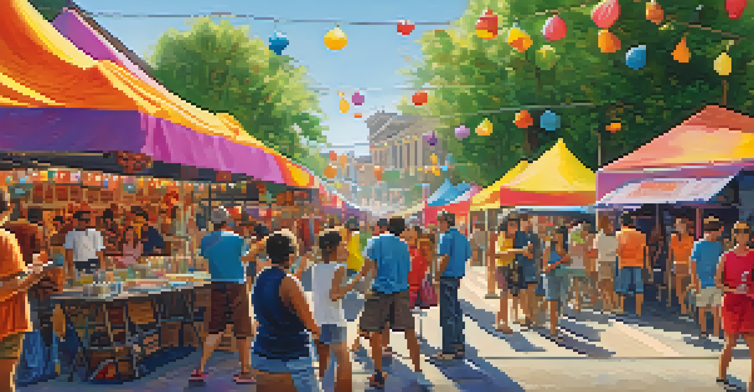 A documentary crew filming a lively local festival filled with colorful decorations and joyful people.