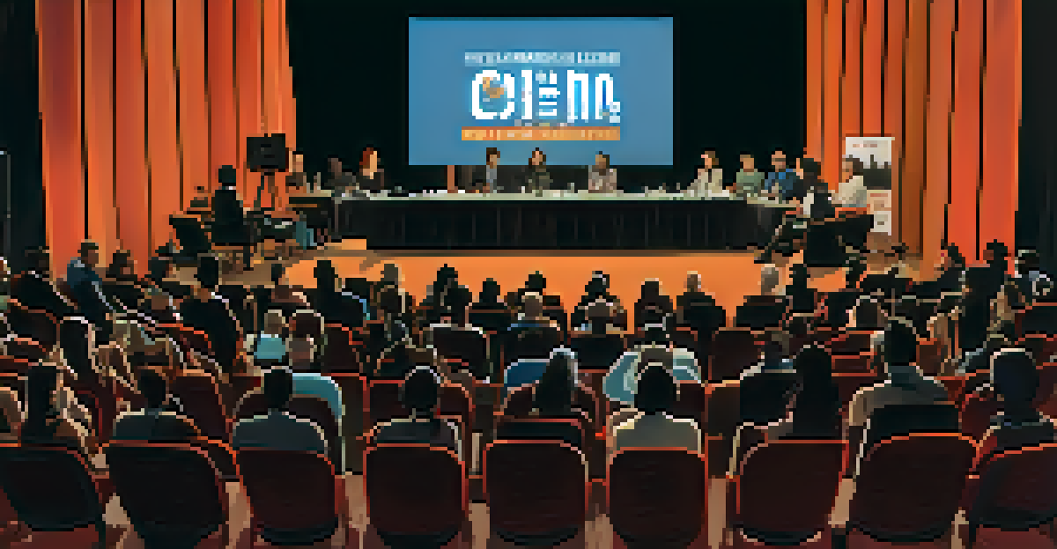 A panel discussion at a film festival with diverse filmmakers speaking on stage, surrounded by an engaged audience and festival branding in the backdrop.