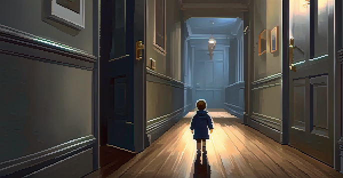 A darkened hallway with a child's doll on the floor and a mysterious door at the end, evoking a sense of fear.