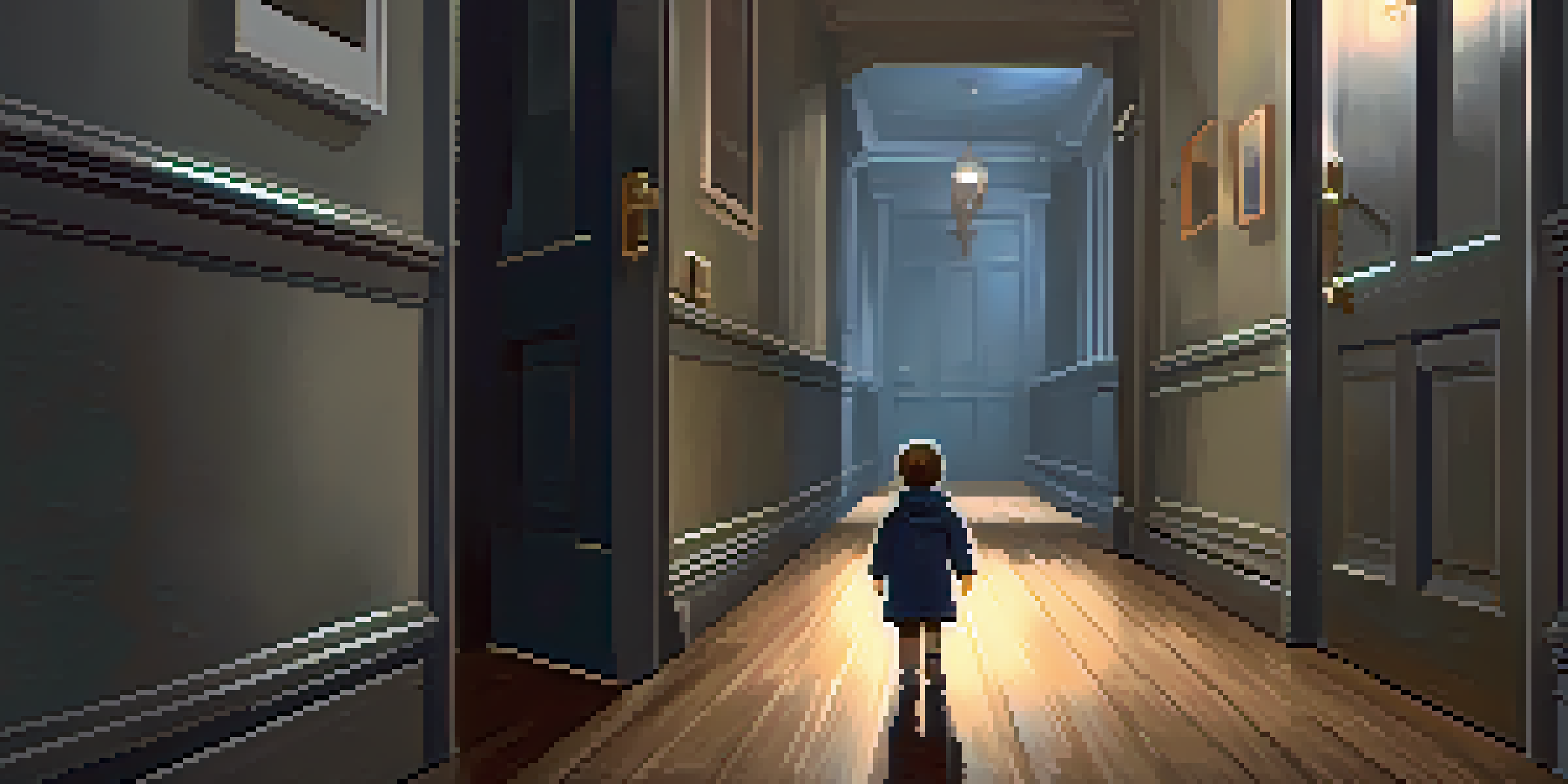 A darkened hallway with a child's doll on the floor and a mysterious door at the end, evoking a sense of fear.