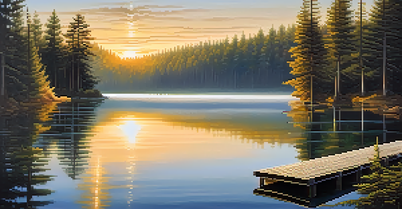 A misty lake at sunrise, surrounded by pine trees, with a golden glow on the water and a small wooden dock.