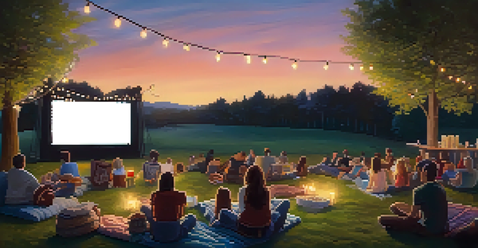 A cozy outdoor cinema at dusk with a large film screen, colorful string lights, and people enjoying the show on blankets.