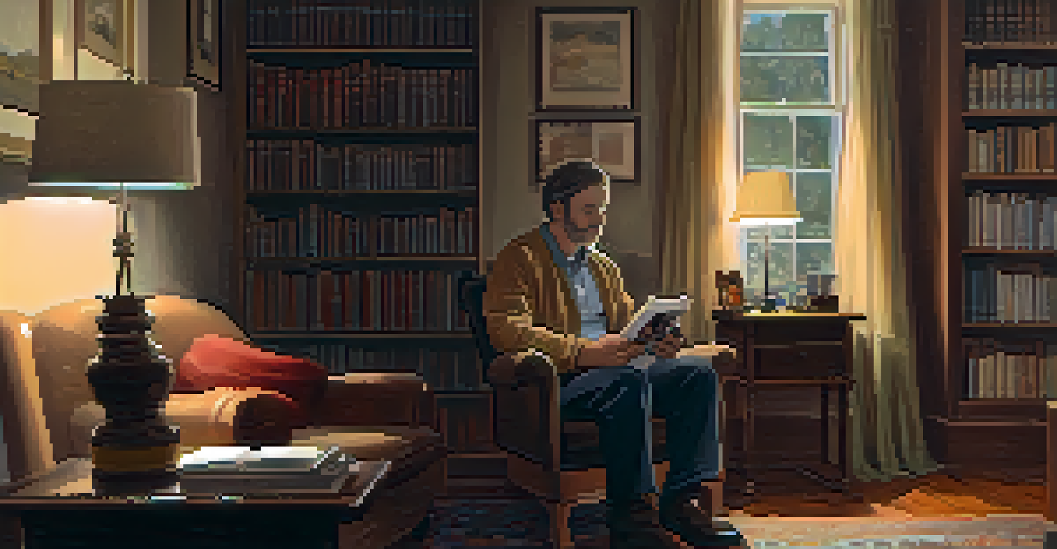 A middle-aged man giving an interview in a cozy room with warm lighting and bookshelves.