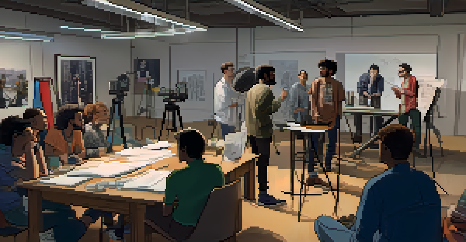 A diverse group of filmmakers collaborating on a script in a modern film studio.