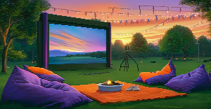 An outdoor cinema setup at sunset with a large screen and cozy seating on the grass.