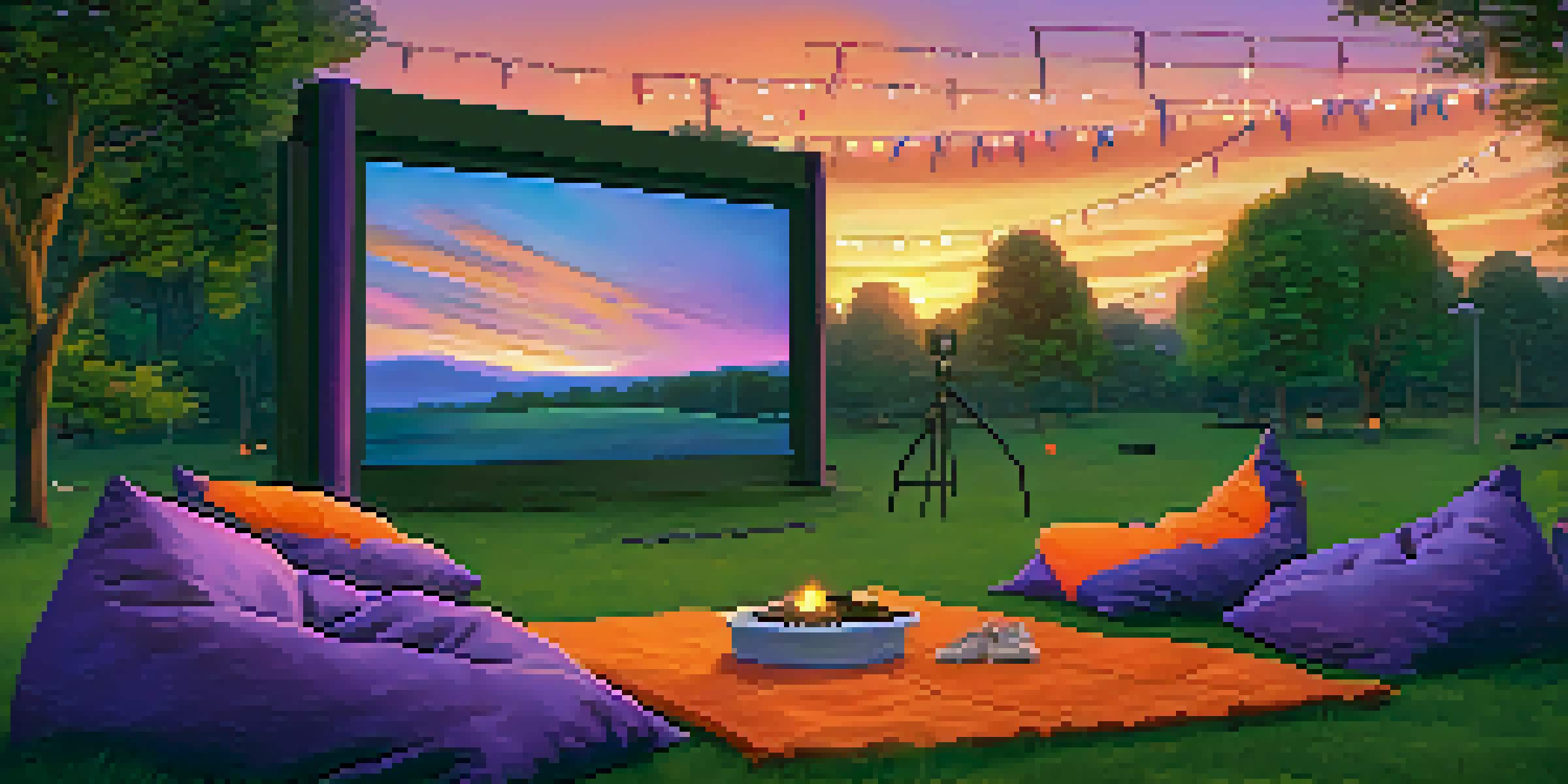 An outdoor cinema setup at sunset with a large screen and cozy seating on the grass.