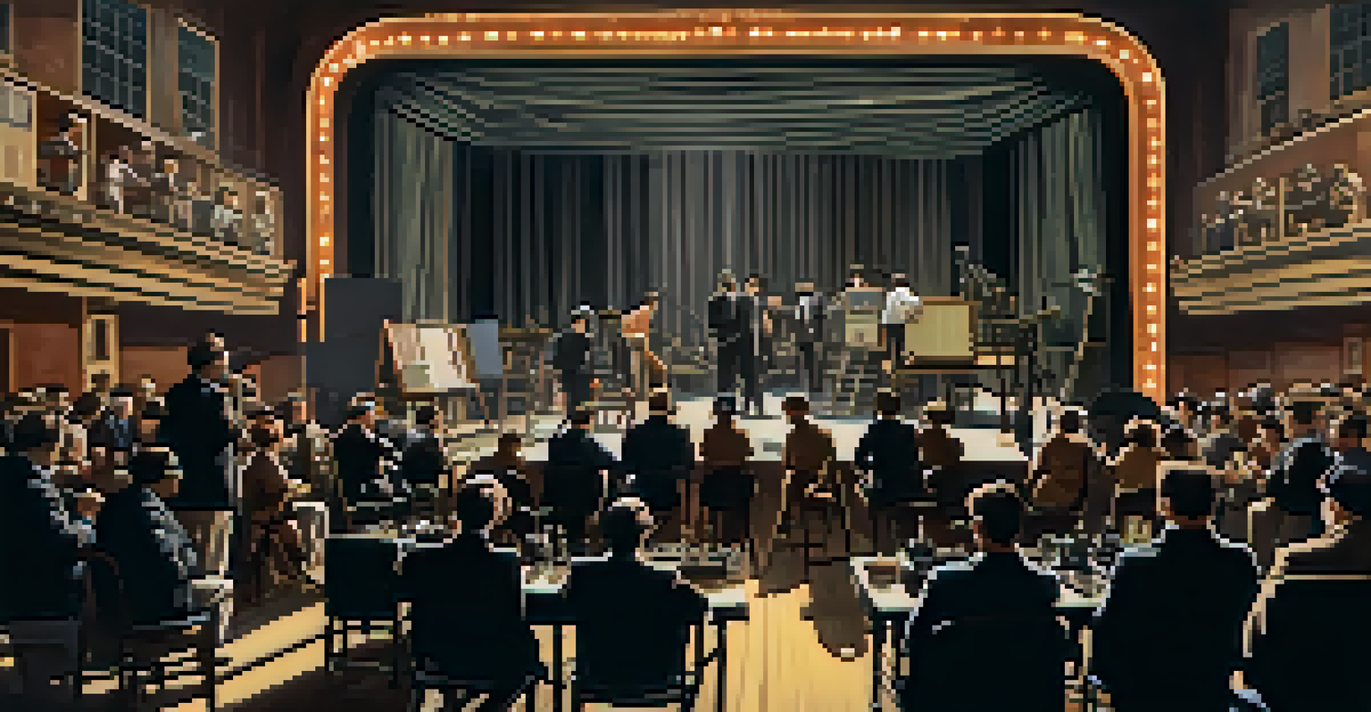 A late 1920s film set with a director and crew, featuring actors rehearsing lines and sound equipment, all under bright and dynamic lighting.