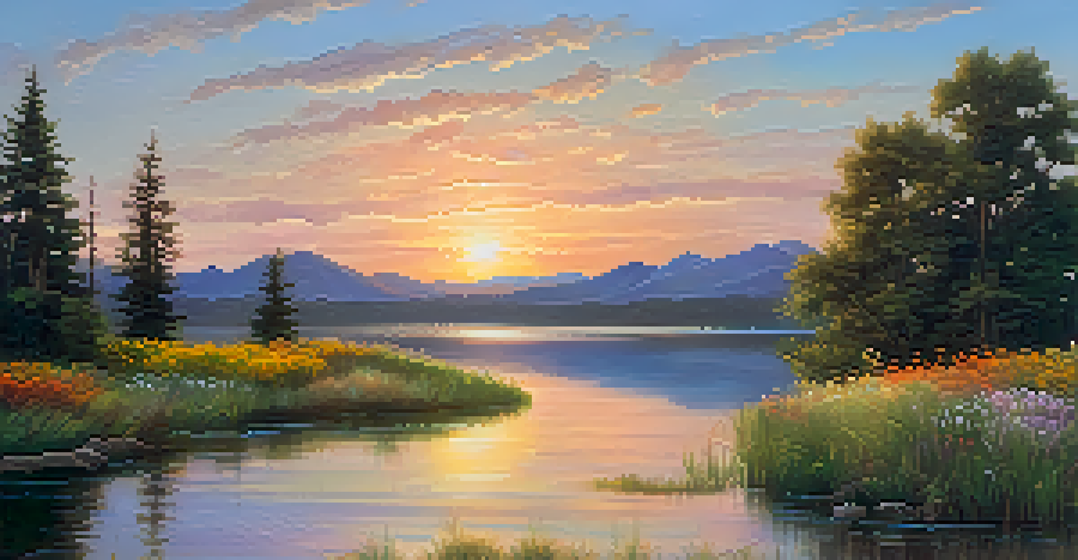 A peaceful landscape with a lake reflecting the sunset and colorful wildflowers in the foreground.