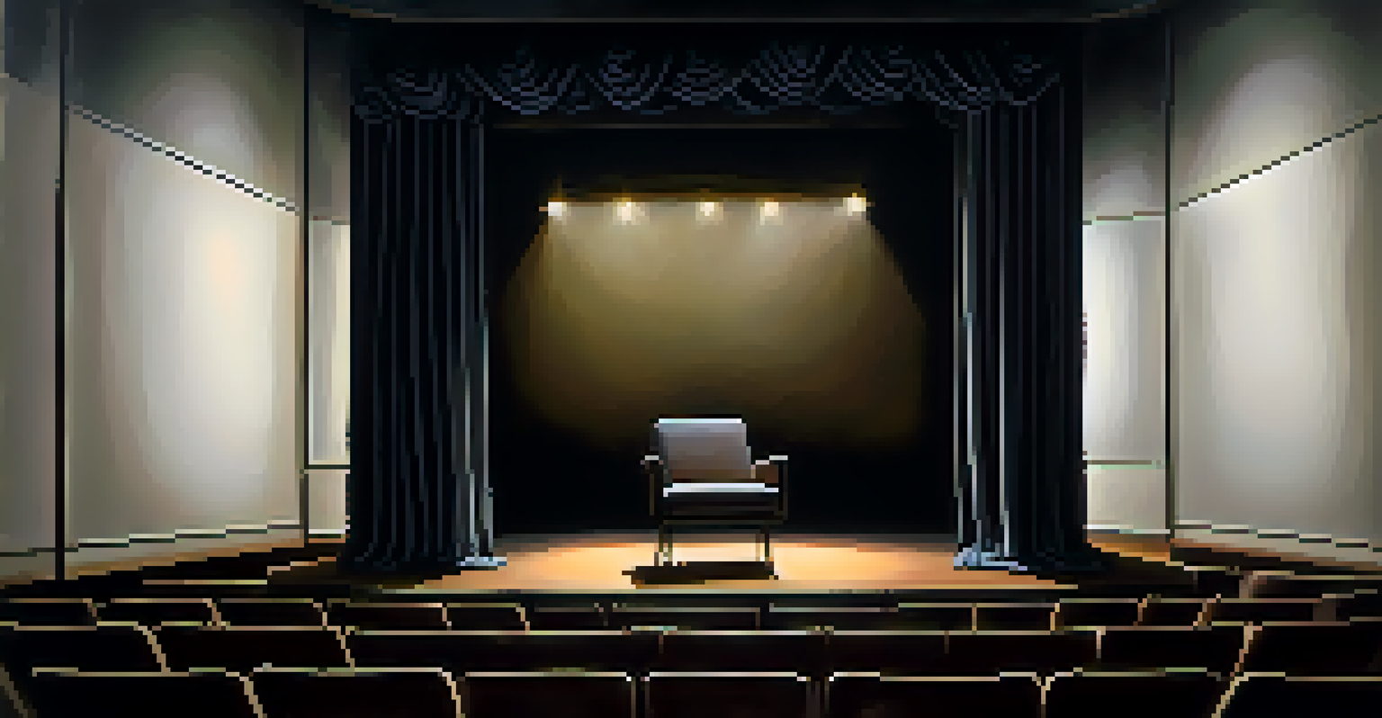 A minimalist theater stage featuring a single chair illuminated by a spotlight against a dark backdrop, emphasizing creativity in storytelling.