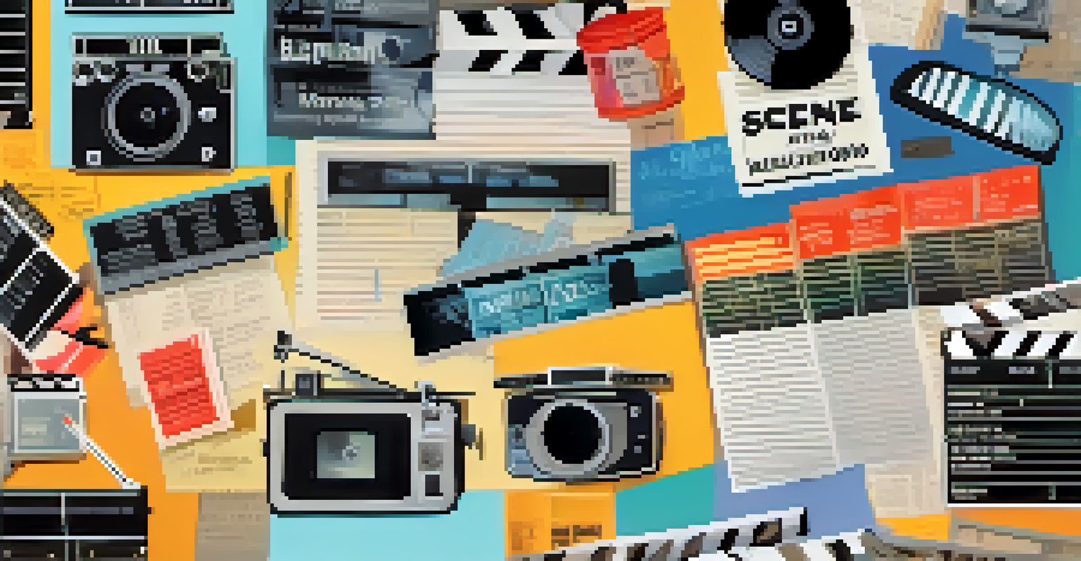 An artistic collage of film scenes and video essay elements like film reels and clapperboards, with a colorful gradient background.