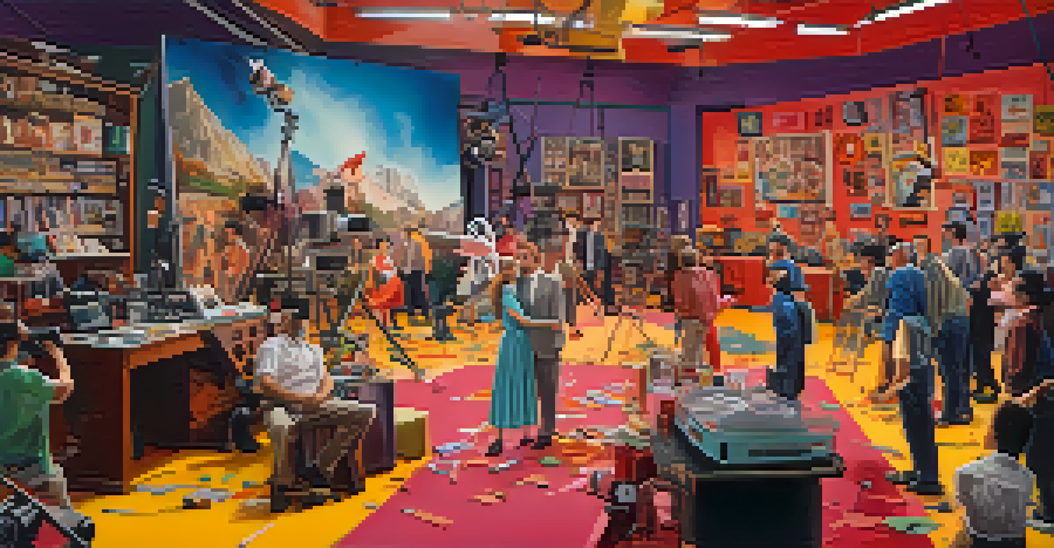 A film set with a character falling comically, surrounded by colorful props and a busy crew, showcasing a lively atmosphere.