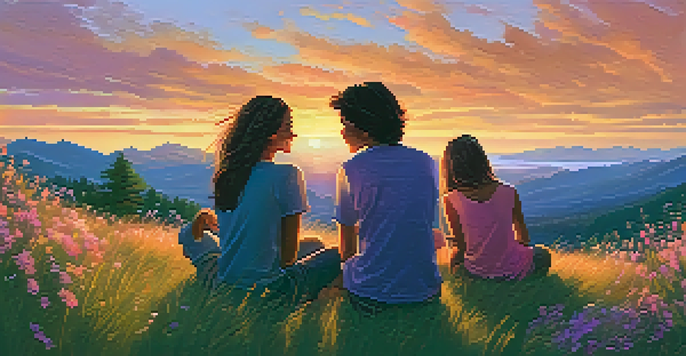 A group of diverse teenagers sitting on a grassy hill at sunset, laughing and sharing stories, with warm colors in the sky and wildflowers in the foreground.