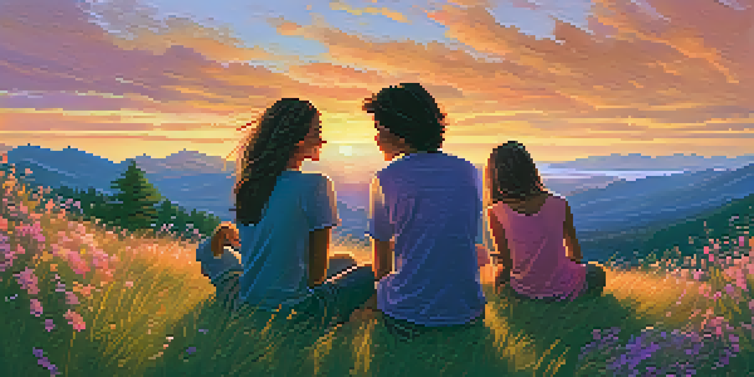 A group of diverse teenagers sitting on a grassy hill at sunset, laughing and sharing stories, with warm colors in the sky and wildflowers in the foreground.