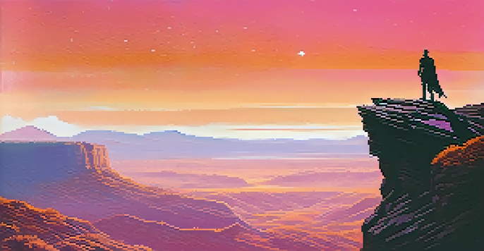 A film poster with a heroic character on a cliff against a colorful sunset, featuring dynamic typography and a starry background.