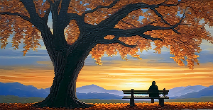 A person sitting on a bench under a large tree with autumn leaves falling, illuminated by a warm sunset.