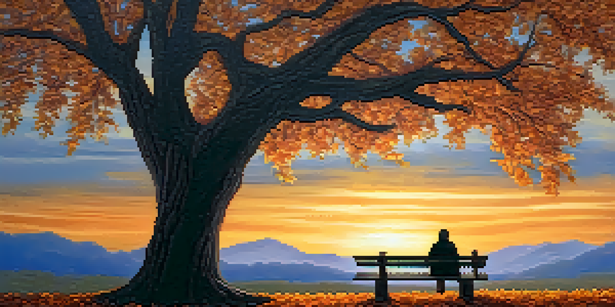 A person sitting on a bench under a large tree with autumn leaves falling, illuminated by a warm sunset.