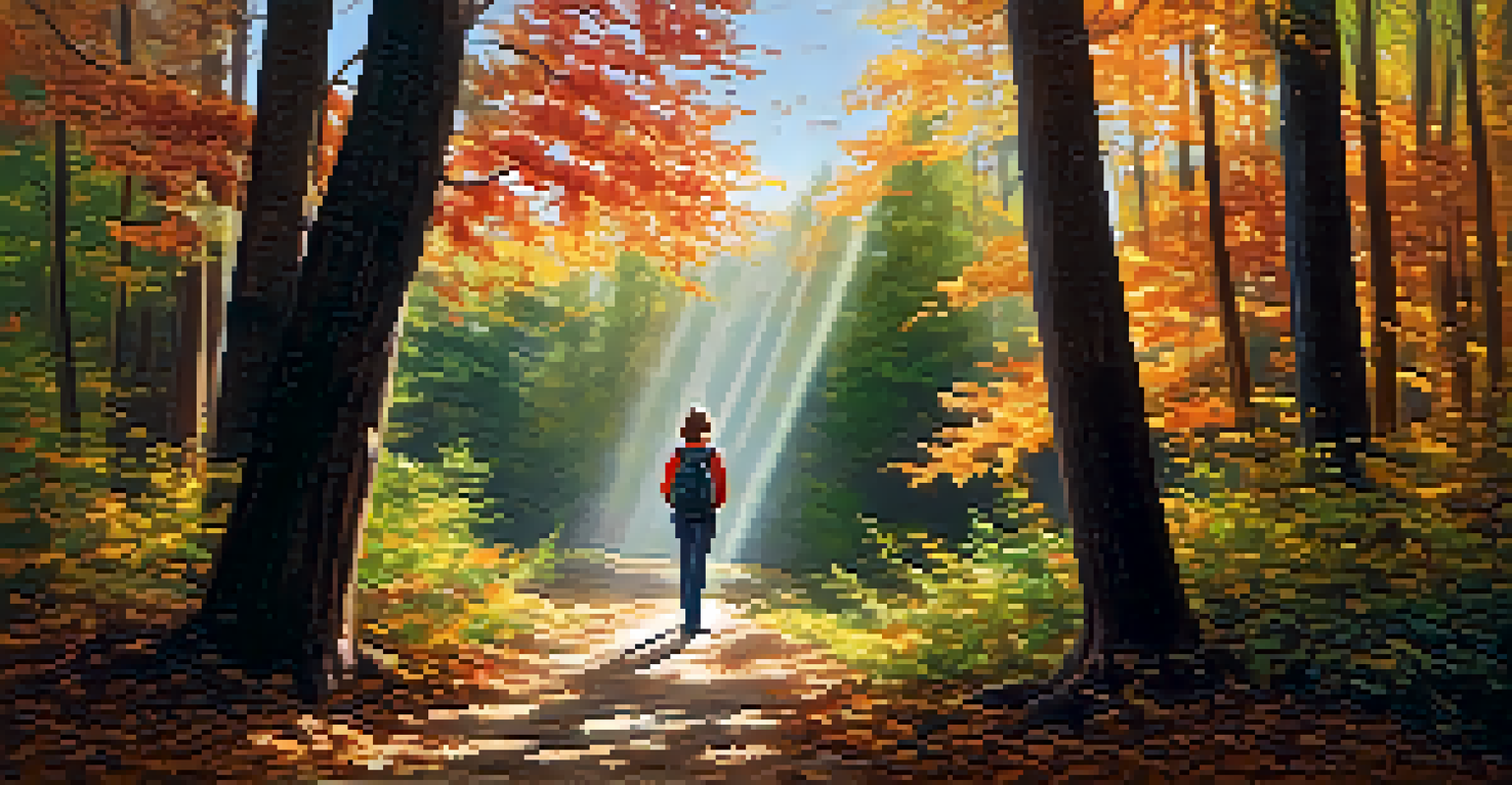 A character standing on a forest path with autumn leaves, sunlight filtering through trees, expressing contemplation and peace.