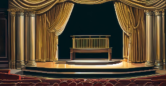A serene theatre stage at dawn with a wooden podium and soft golden light filtering through velvet curtains.