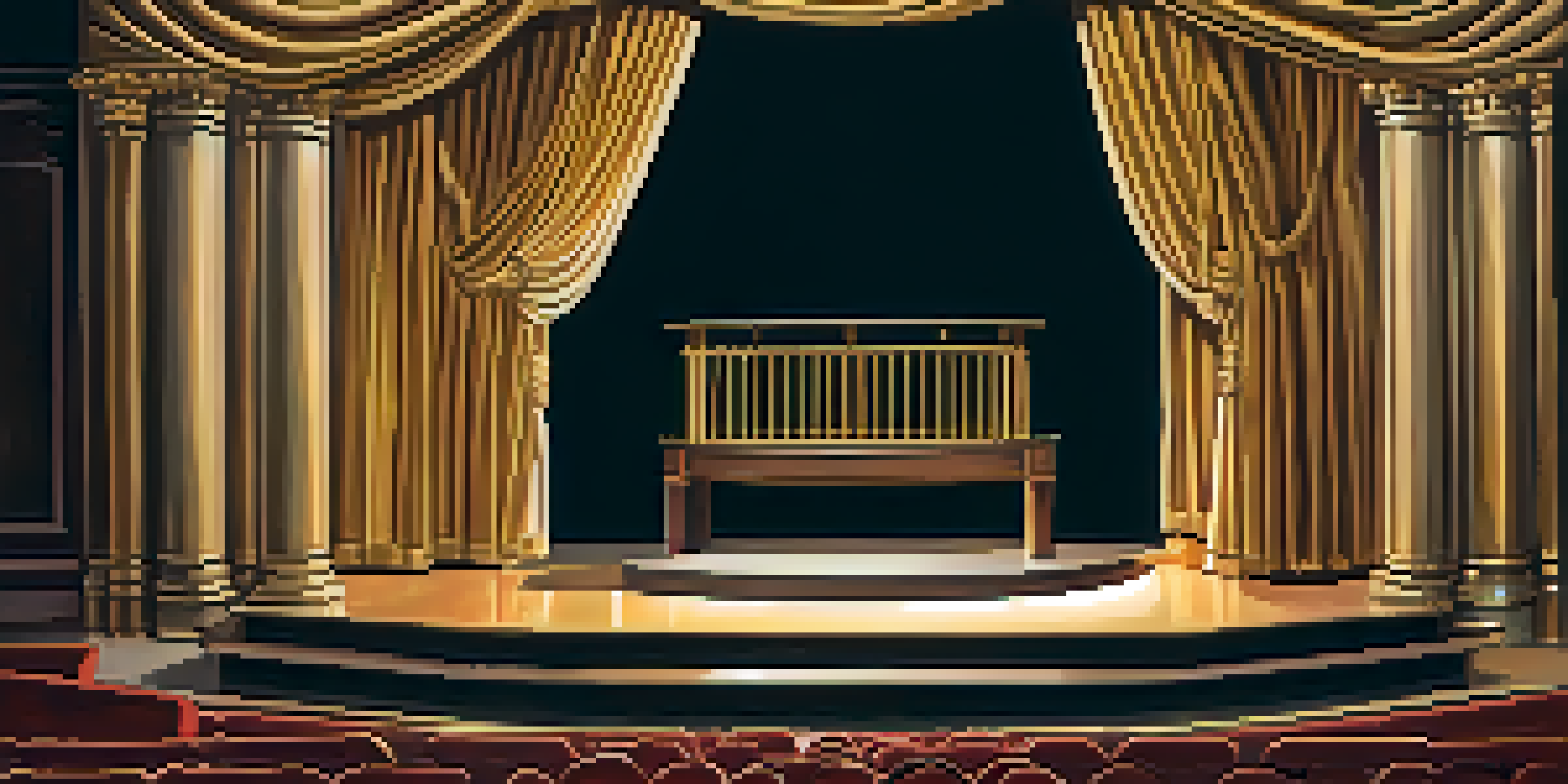 A serene theatre stage at dawn with a wooden podium and soft golden light filtering through velvet curtains.
