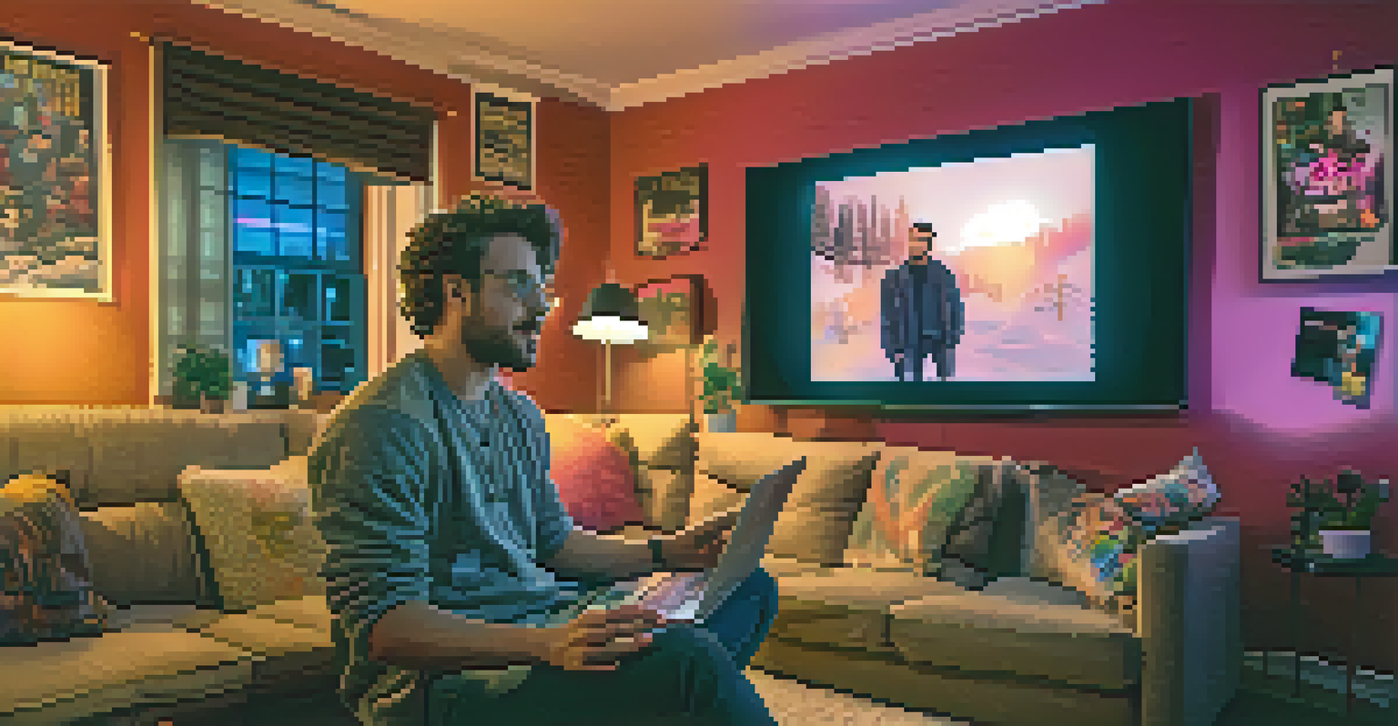 An influencer reacting to a movie trailer on a laptop in a decorated room filled with movie posters and warm LED lights.